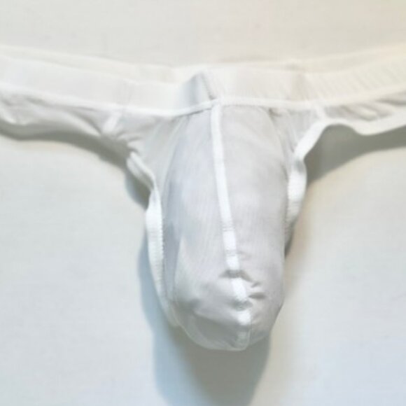 JOCKMAIL   Waist 28-31"s Nylon Blend Semi Sheer T-Back Thong - White - PouchJOC - Picture 9 of 11